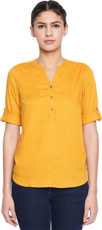 Casual Roll Up Sleeves Self Design Women Yellow Top