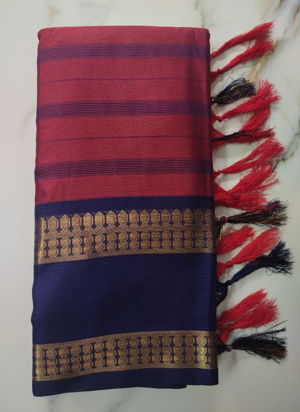 Striped Daily Wear Cotton Jute, Art Silk Saree  (Blue, Pink)