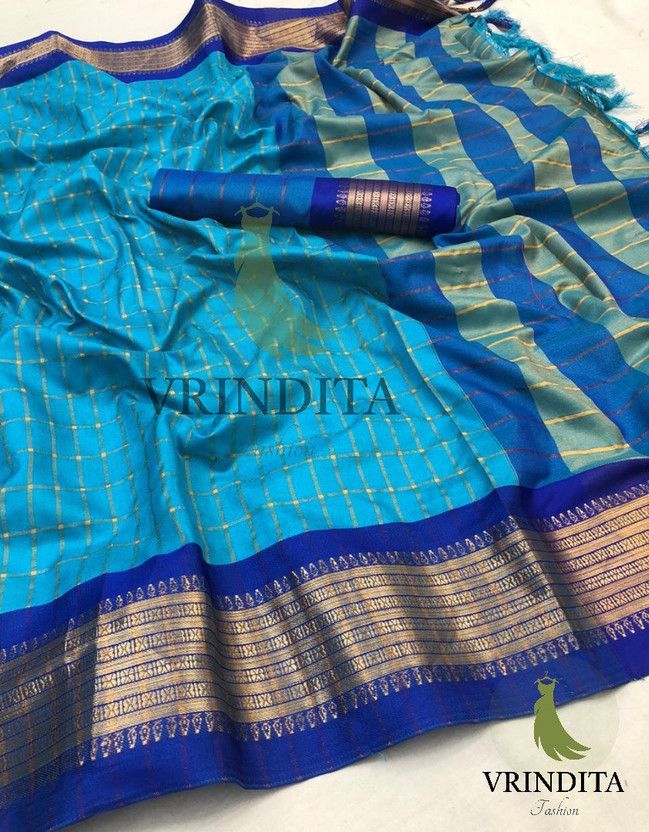 Checkered Bollywood Art Silk, Cotton Silk Saree  (Light Blue)