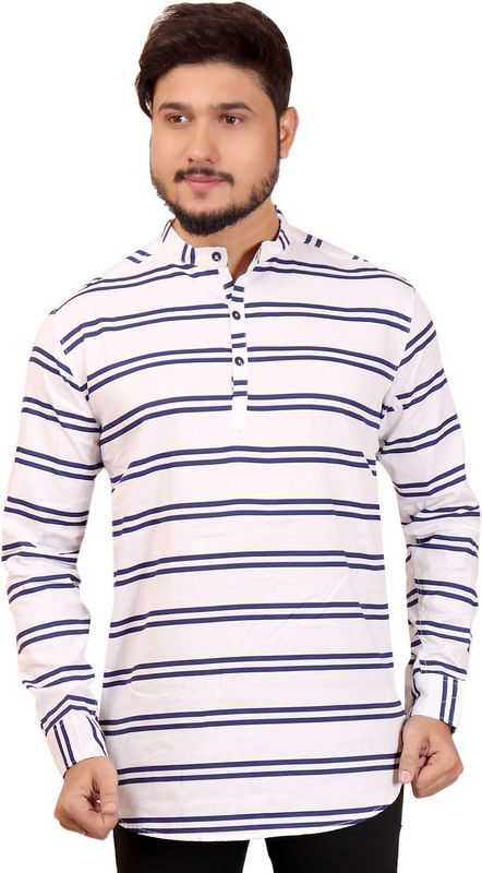 Men Striped Pure Cotton Straight Kurta  (White, Blue)