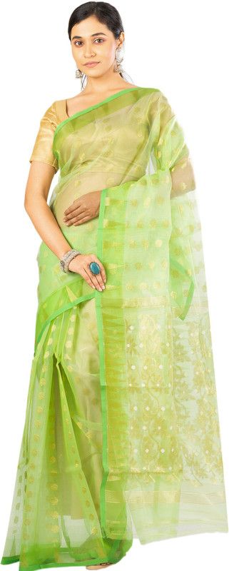 Subarna Textile Green-001 Cotton Silk Saree Falls  (Green)