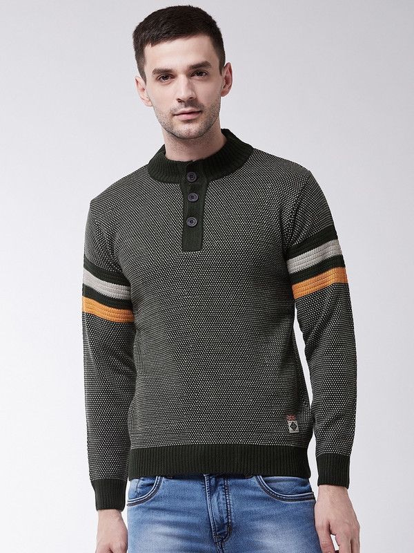 Men Printed High Neck Dark Green Sweater