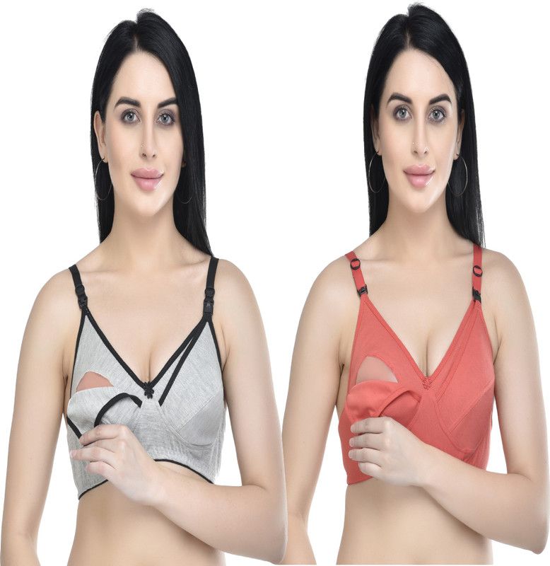Pack of 2 Women Maternity/Nursing Non Padded Bra  (Orange, Black)