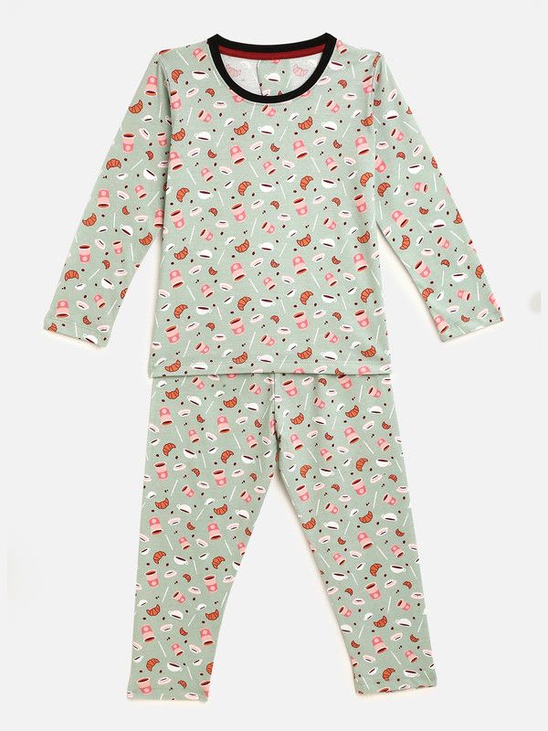 Boys Printed Light Green Night Suit Set