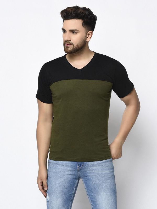 V NECK BLACK AND OLIVE GREEN T-SHIRT Men Colorblock V Neck Cotton Blend Green, Black T-Shirt