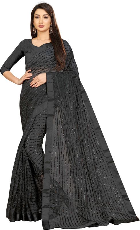 Checkered Bollywood Net Saree  (Black)