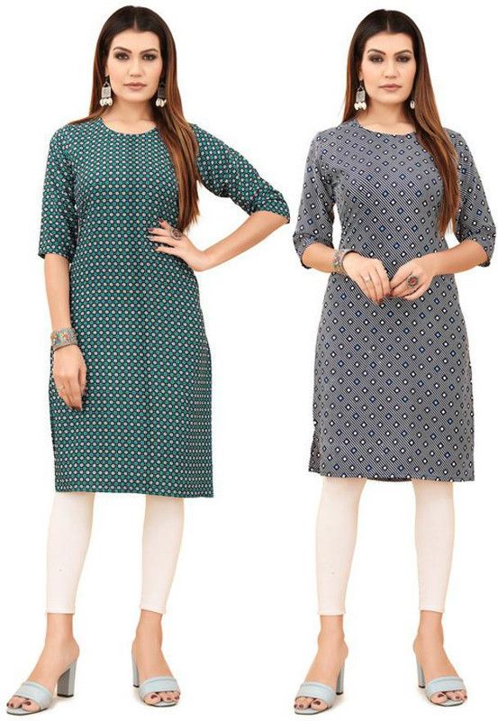 Pack of 2 Women Printed, Floral Print Crepe A-line Kurta  (Dark Blue, Grey)