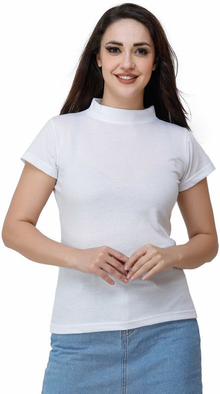 Women Solid Turtle Neck Pure Cotton White T-Shirt