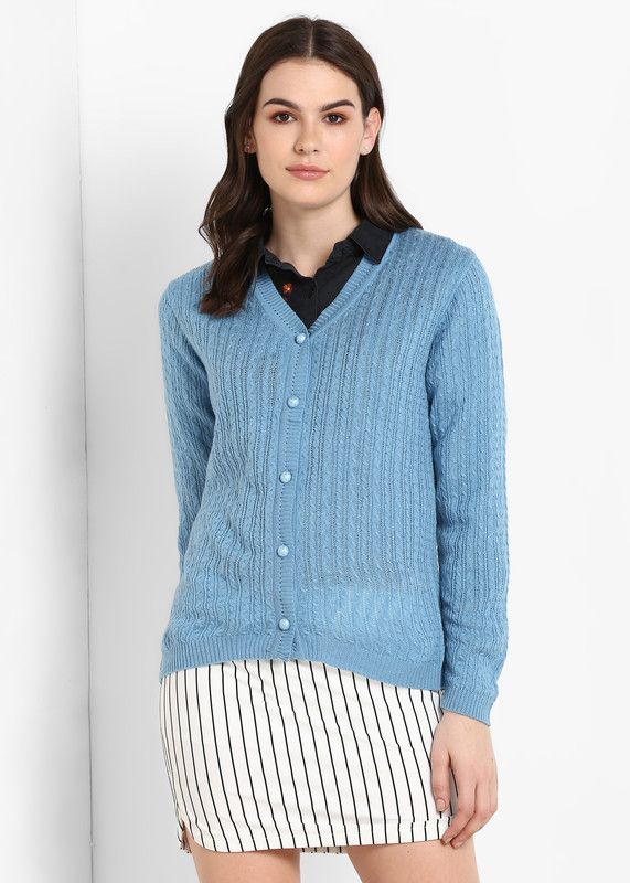 Women Self Design, Printed, Floral Print, Polka Print V Neck Light Blue Sweater