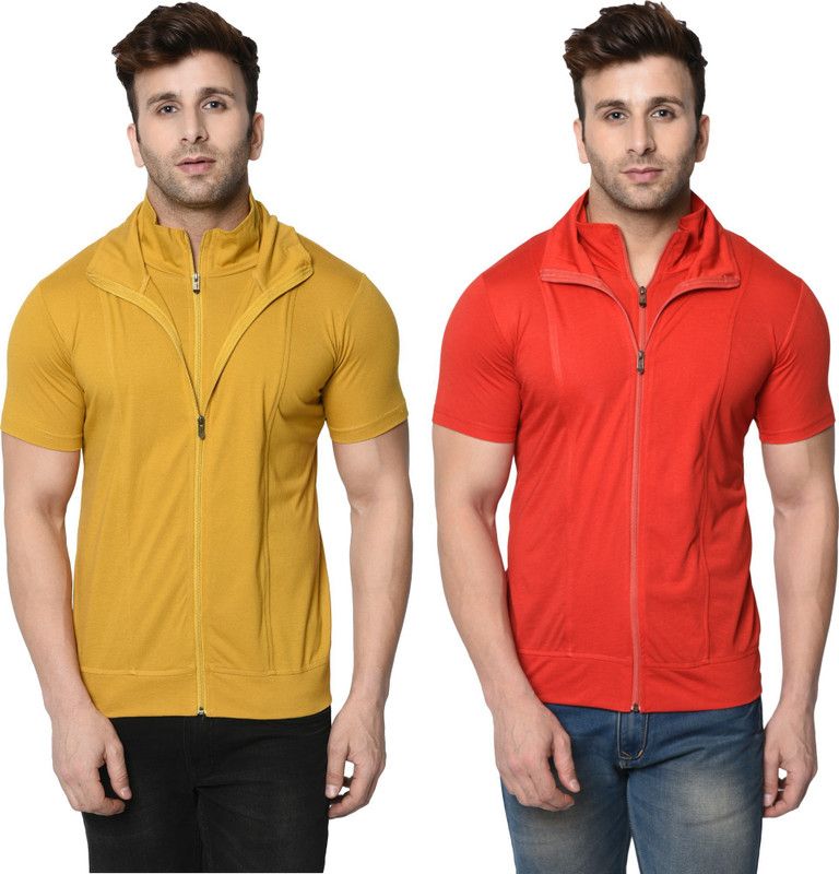 Pack of 2 Double Collar Zipper Party Wear T-shirt Men Self Design, Solid High Neck Cotton Blend Red, Yellow T-Shirt