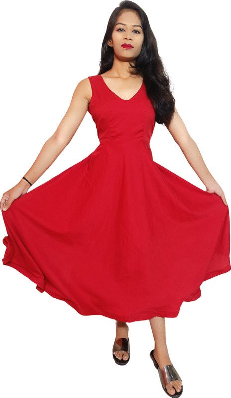 Self Design Crepe Stitched Flared/A-line Gown  (Red)