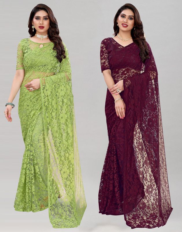 Self Design Bollywood Net Saree  (Pack of 2, Purple, Green)