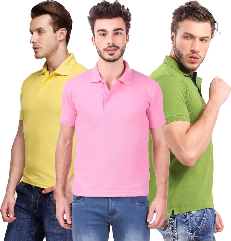 Solid Men Dark Green, Pink, Yellow T-Shirt  (Pack of 3)