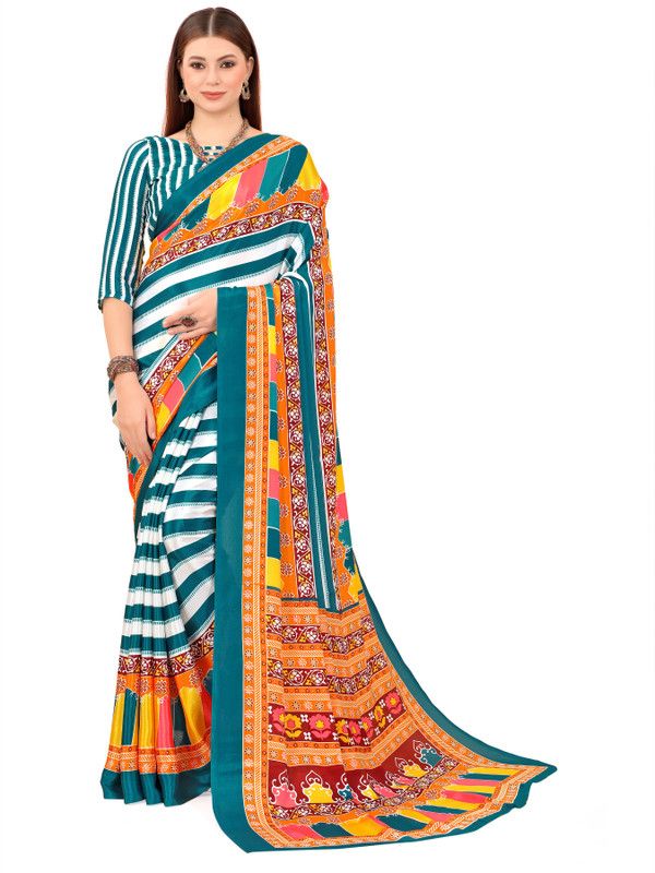 Geometric Print Daily Wear Silk Blend Saree  (Dark Blue, White)