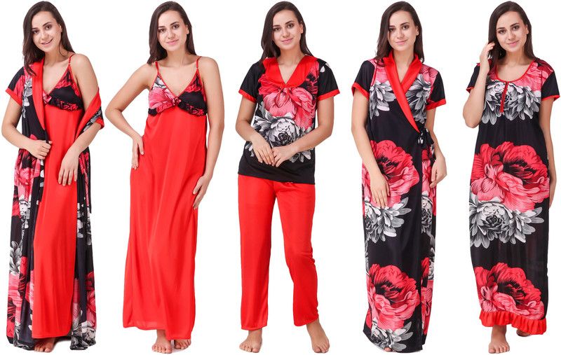 Pack of 5 Women Nighty Set  (Red, Black)