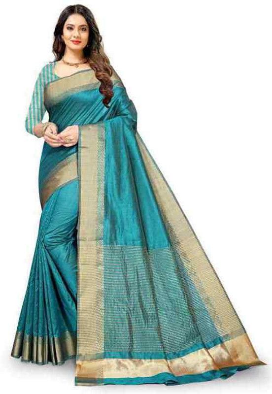 Striped Banarasi Jacquard, Cotton Silk Saree  (Green)