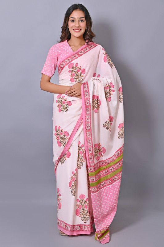 Floral Print Bollywood Pure Cotton Saree  (Pink)