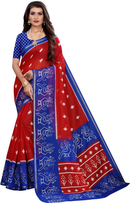 Printed, Geometric Print, Striped, Embellished Patola Cotton Silk Saree  (Red, Blue)