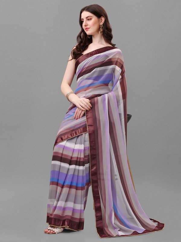 Striped Bollywood Georgette, Chiffon Saree  (Brown)