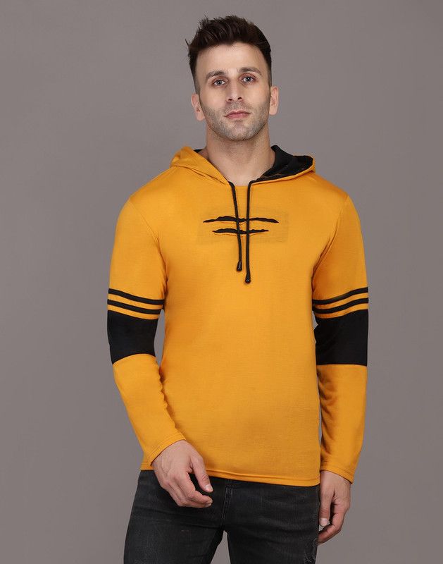 MENS-T-SHIRT Men Colorblock Hooded Neck Cotton Blend Black, Yellow T-Shirt