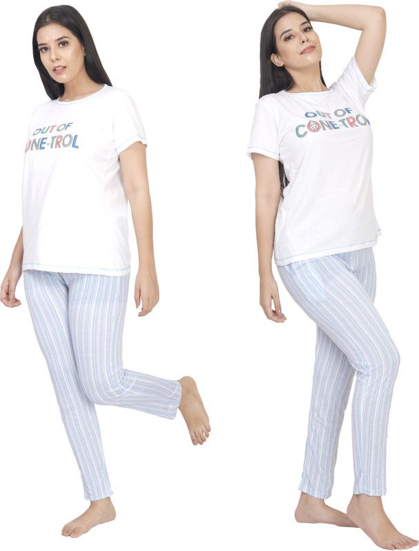 Girls Top & Pyjama Set White, Light Blue Printed, Solid