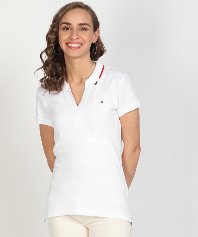 SLIM TIPPING POLO SS Women Solid Polo Neck Cotton Blend White T-Shirt