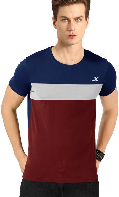 Men Solid Round Neck Polyester Dark Blue, Maroon T-Shirt
