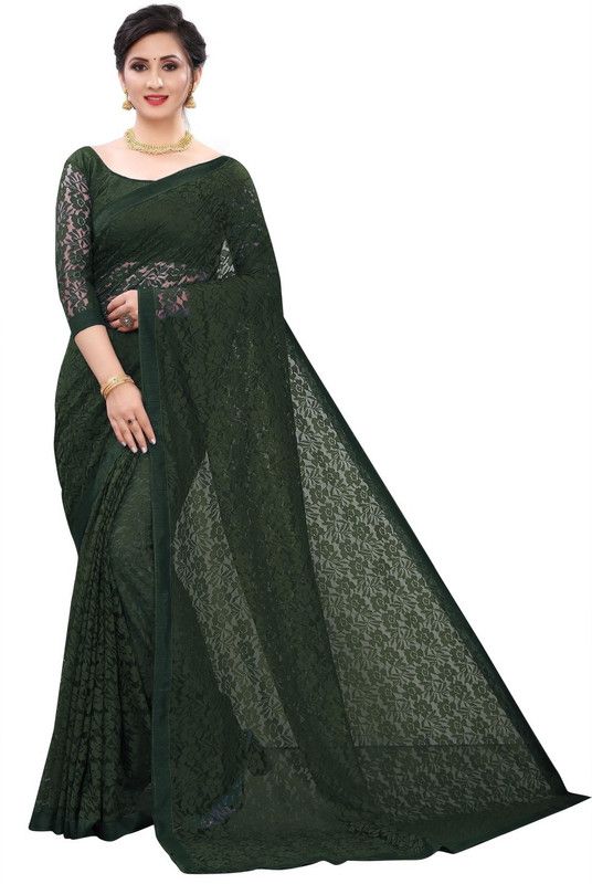 Self Design Kasavu Net Saree  (Green)