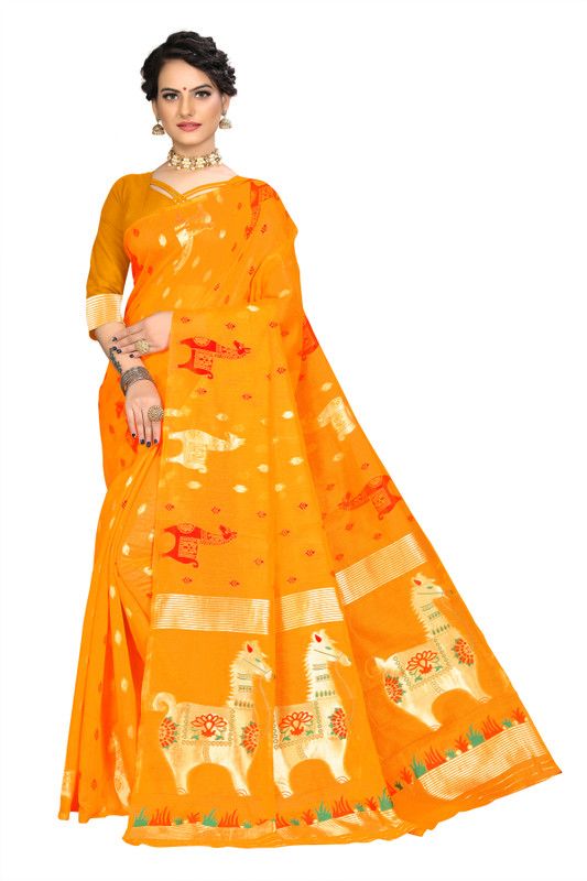 Woven Jamdani Jacquard Saree  (Mustard)