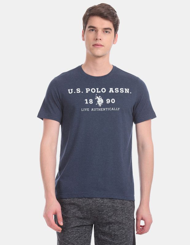 USPA Men Solid Round Neck Cotton Blend Dark Blue T-Shirt