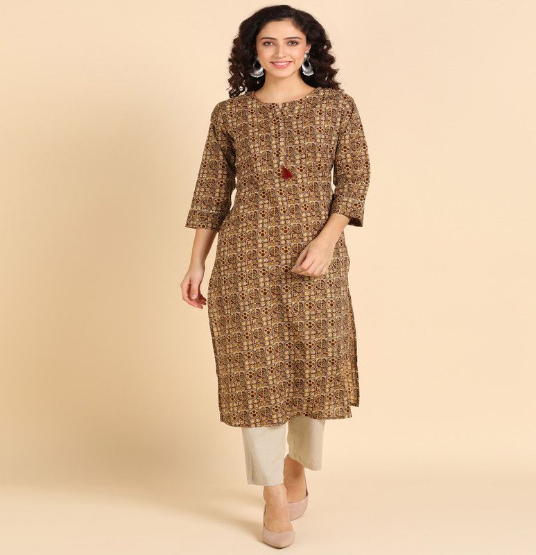 Women Geometric Print, Printed Kurta  (Brown)