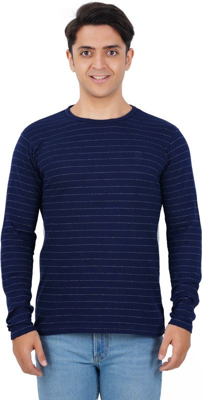 Men Striped Round Neck Cotton Blend Dark Blue T-Shirt