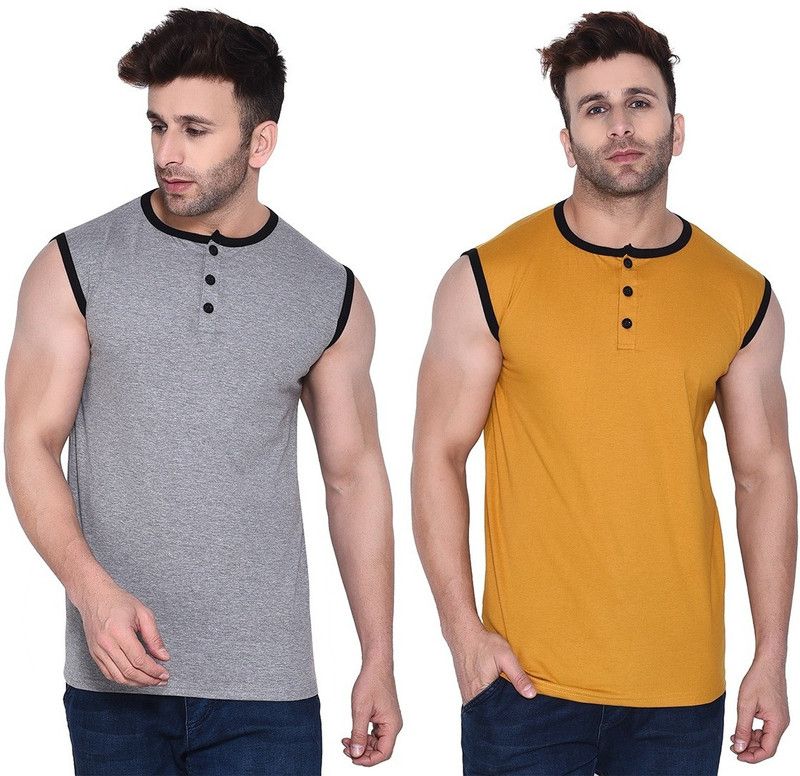 Pack of 2 Men Solid Henley Neck Cotton Blend Silver, Gold T-Shirt