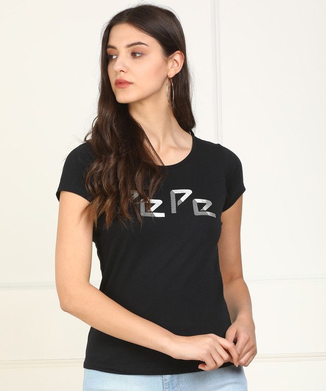ALEXIS IP Women Printed Round Neck Poly Cotton White T-Shirt
