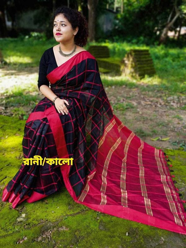 Checkered Bollywood Cotton Silk Saree  (Black, Pink)
