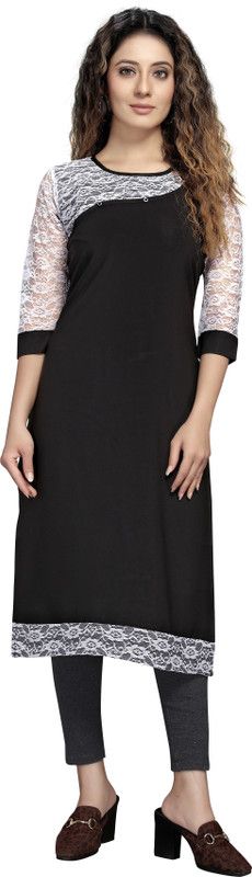 Women Solid Crepe Straight Kurta  (Black)