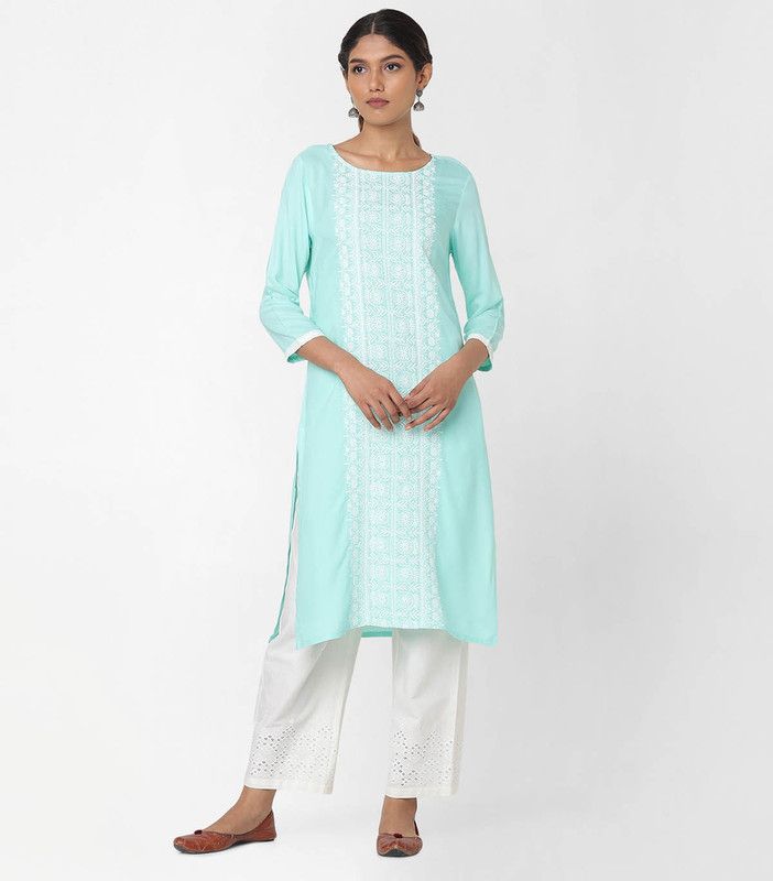 Women Embroidered Viscose Rayon A-line Kurta  (Blue)