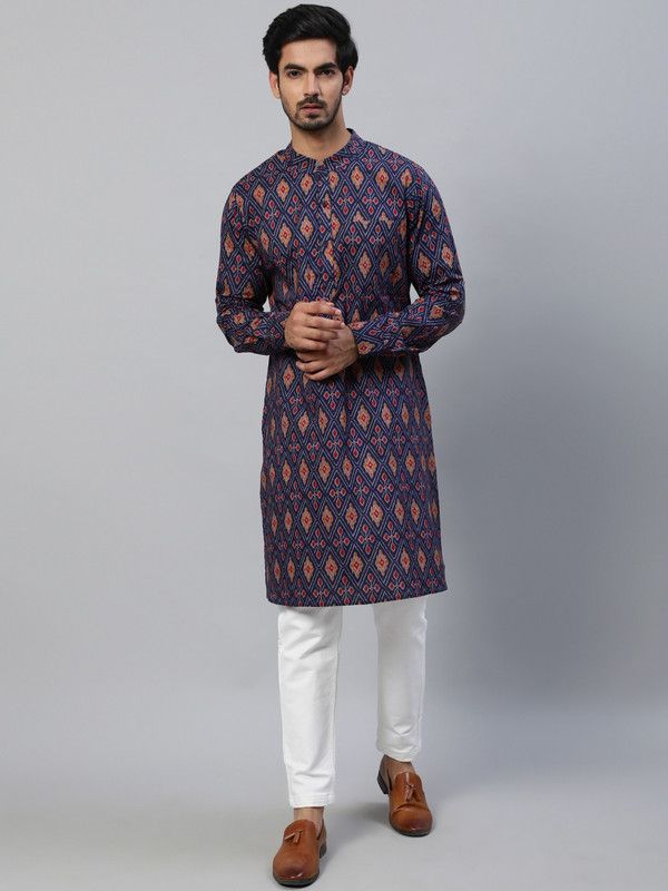 Men Printed Pure Cotton Straight Kurta  (Blue)