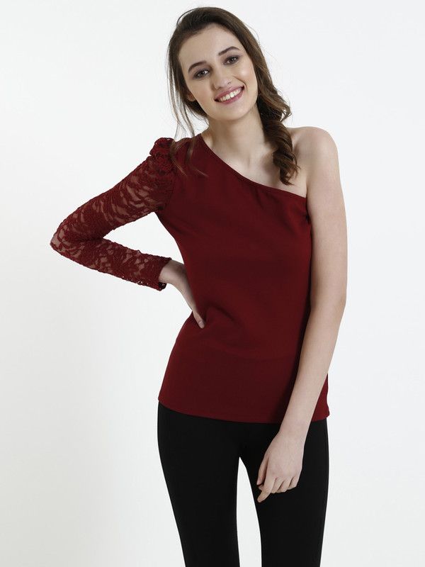 Casual One Shoulder Sleeves Solid Women Maroon Top