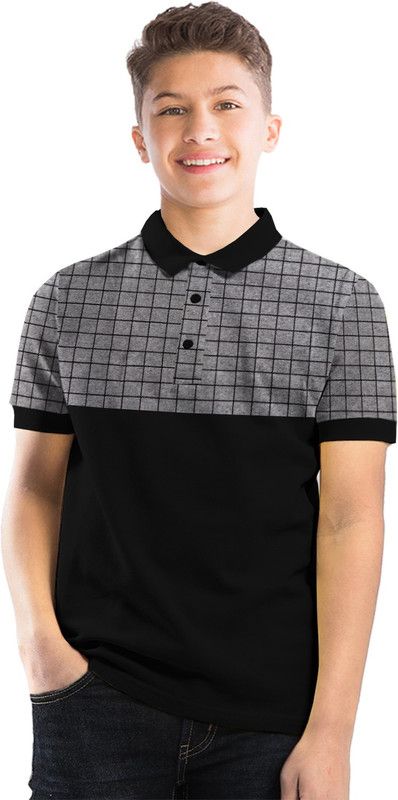 Boys Checkered Cotton Blend T Shirt  (Grey, Pack of 1)