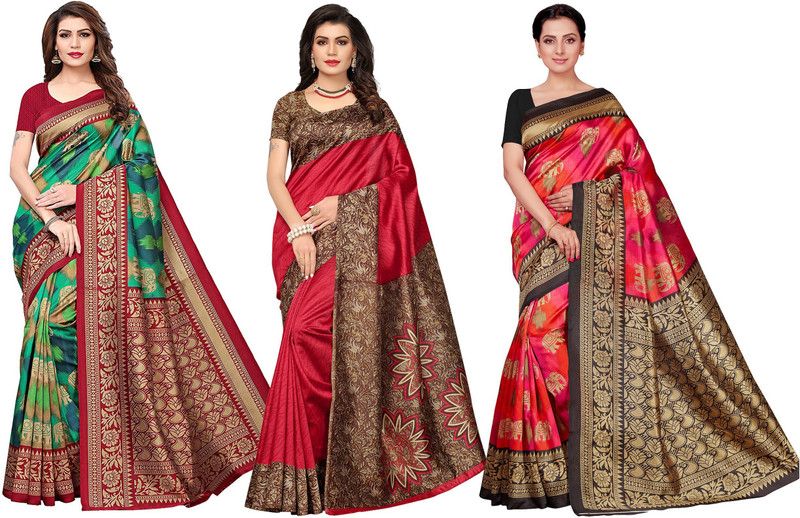 Printed Mysore Silk Blend Saree  (Pack of 3, Multicolor)