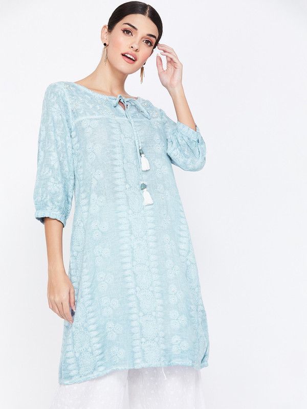 Women Embellished Cotton Linen A-line Kurta  (Light Blue)