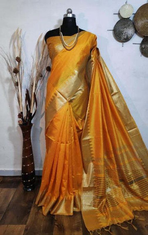 Temple Border, Solid/Plain Assam Silk Pure Cotton, Cotton Silk Saree  (Mustard)