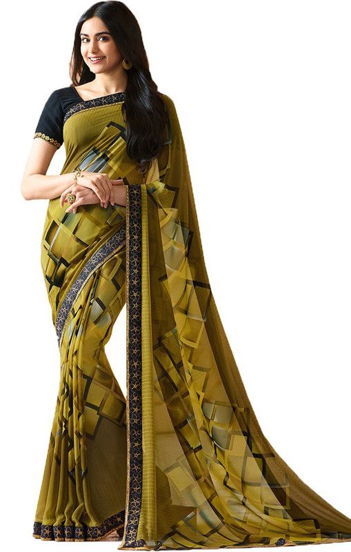 Printed, Self Design, Woven, Floral Print Bollywood Georgette, Chiffon Saree  (Green)