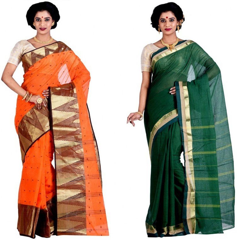 Woven Jamdani Cotton Blend Saree  (Pack of 2, Green, Orange)