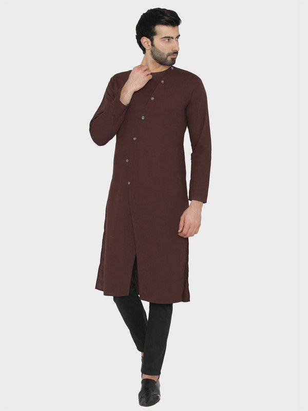 Men Solid Cotton Blend Frontslit Kurta  (Brown)