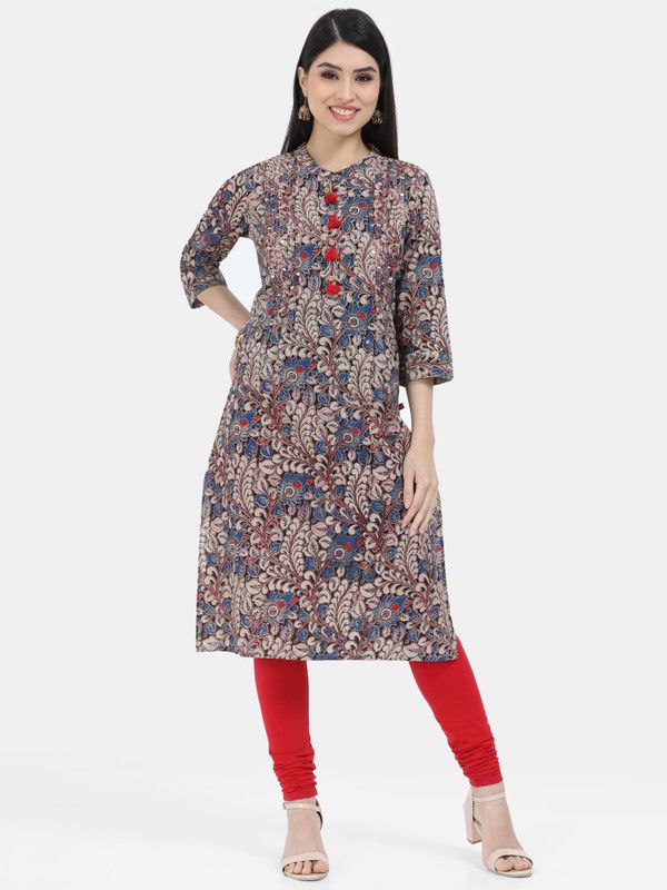 Women Floral Print Pure Cotton Straight Kurta  (Grey)
