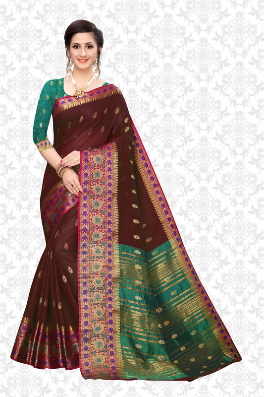 Woven Bollywood Cotton Silk Saree  (Brown)