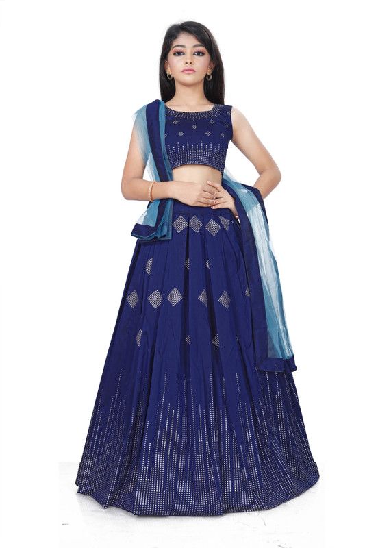 Girls Lehenga Choli Ethnic Wear, Fusion Wear Self Design Lehenga, Choli and Dupatta Set  (Blue, Pack of 1)