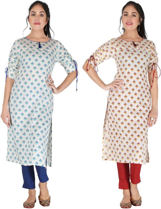 Pack of 2 Women Floral Print Viscose Rayon Straight Kurta  (White)
